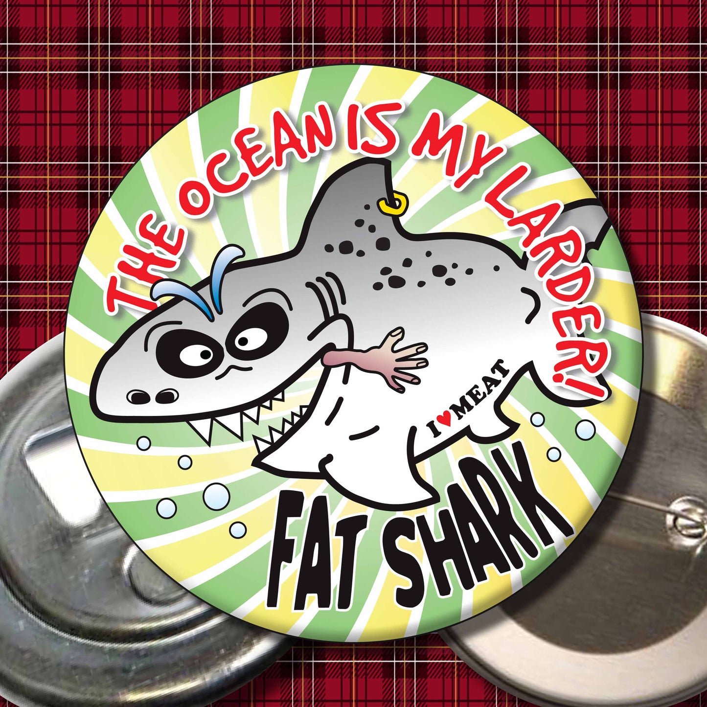 The Ocean Is My Larder! - Fat Shark Metal Pin Badge + Bottle Opener