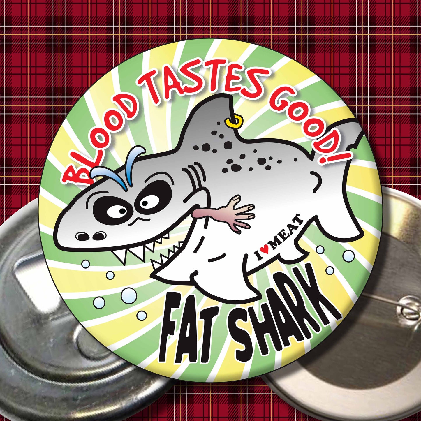 Blood Tastes Good! - Fat Shark Metal Pin Badge + Bottle Opener