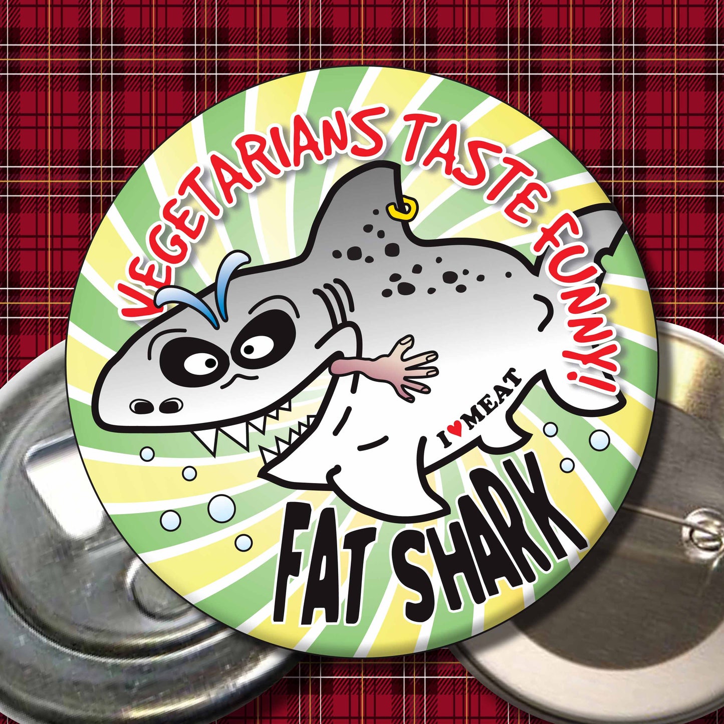 Vegetarians Taste Funny! - Fat Shark Metal Pin Badge + Bottle Opener