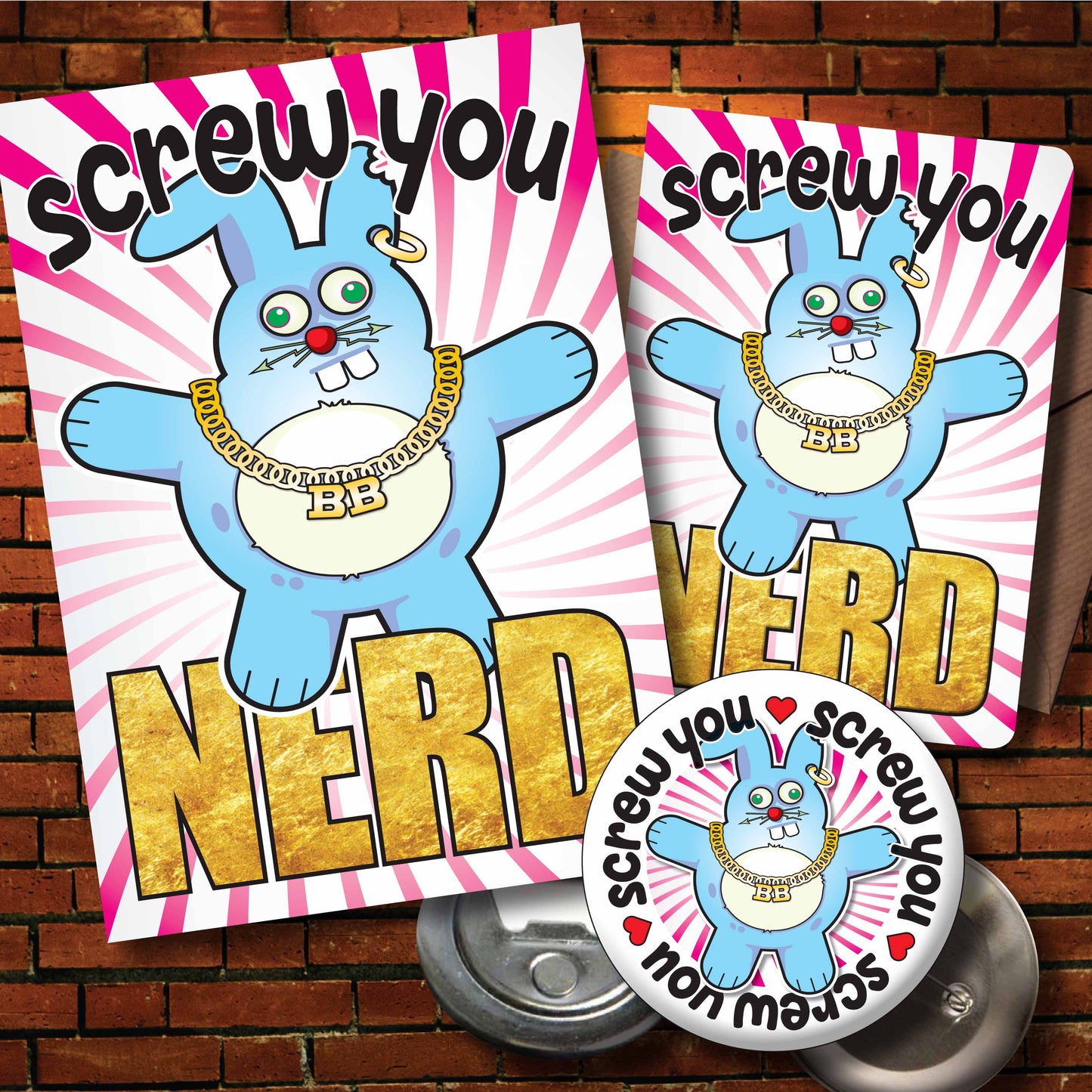 Screw You Nerd - Brutal Bunny Art Print + Greetings Card + Pin Badge