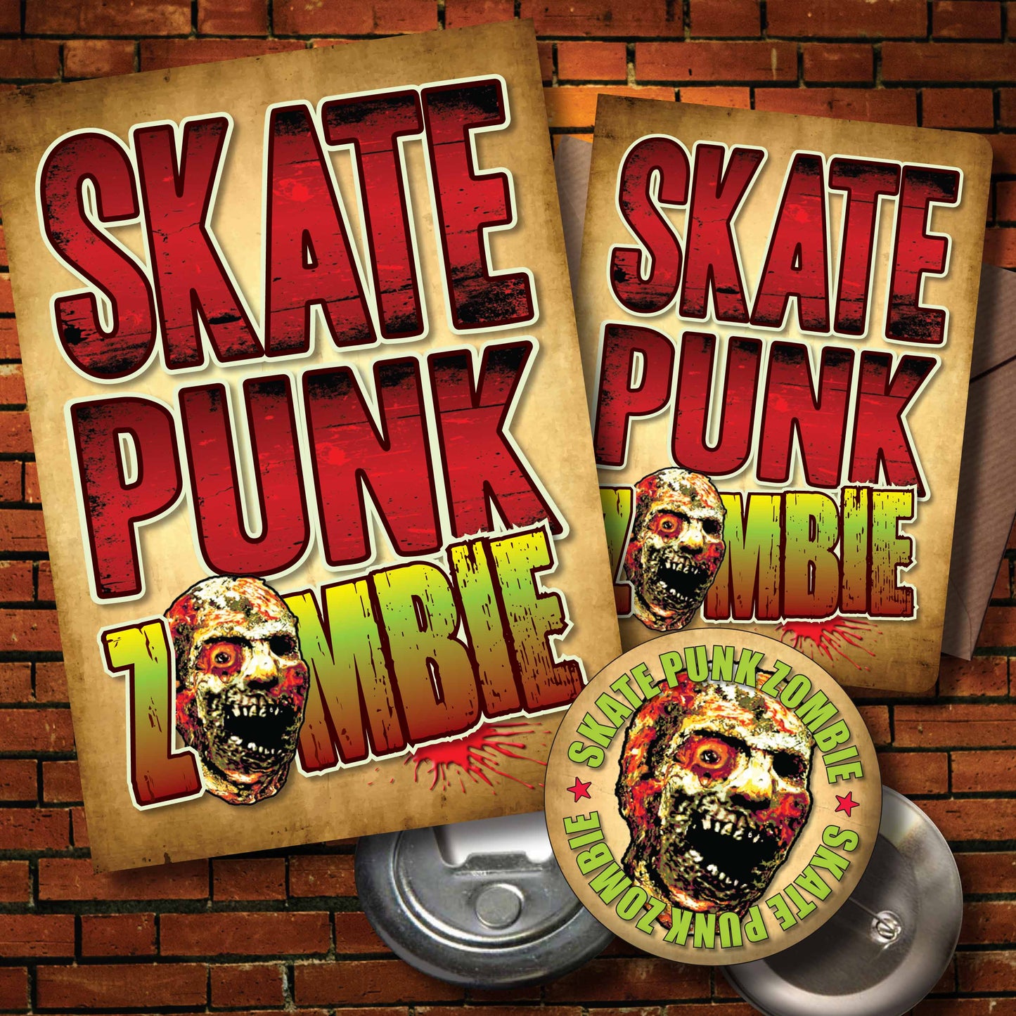 Skate Punk Rock Zombie - Art Print + Birthday Card + Metal Pin Badge
