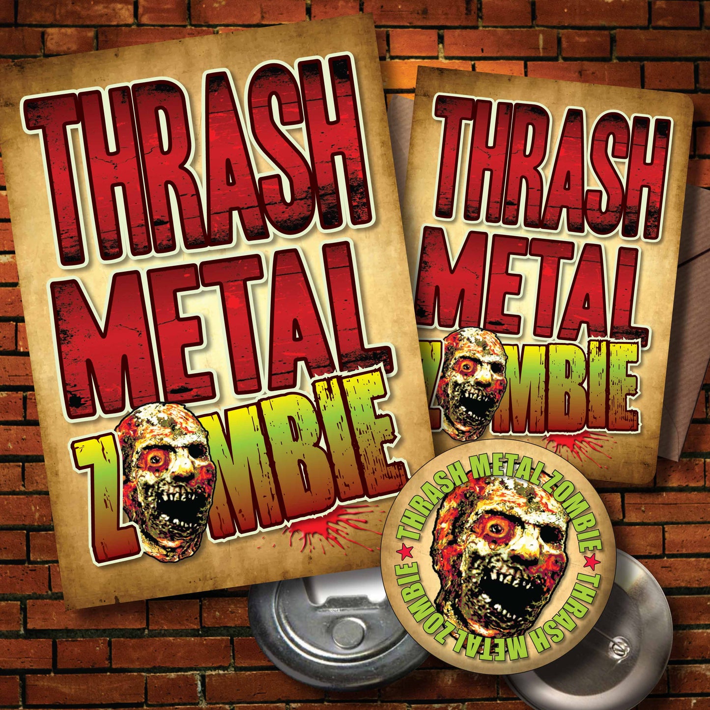 Thrash Metal Rock Zombie - Art Print + Birthday Card + Metal Pin Badge