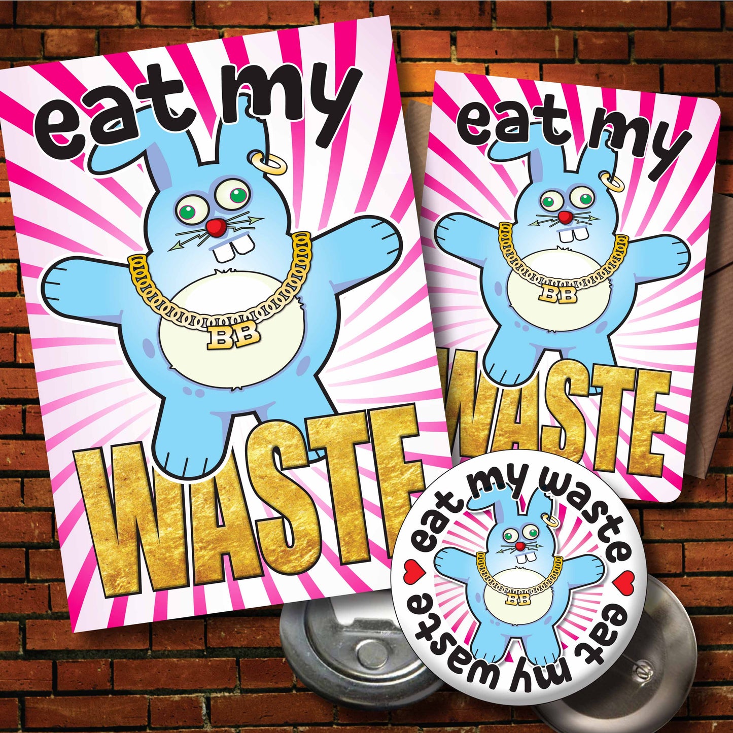 Eat My Waste - Brutal Bunny Art Print + Greetings Card + Pin Badge