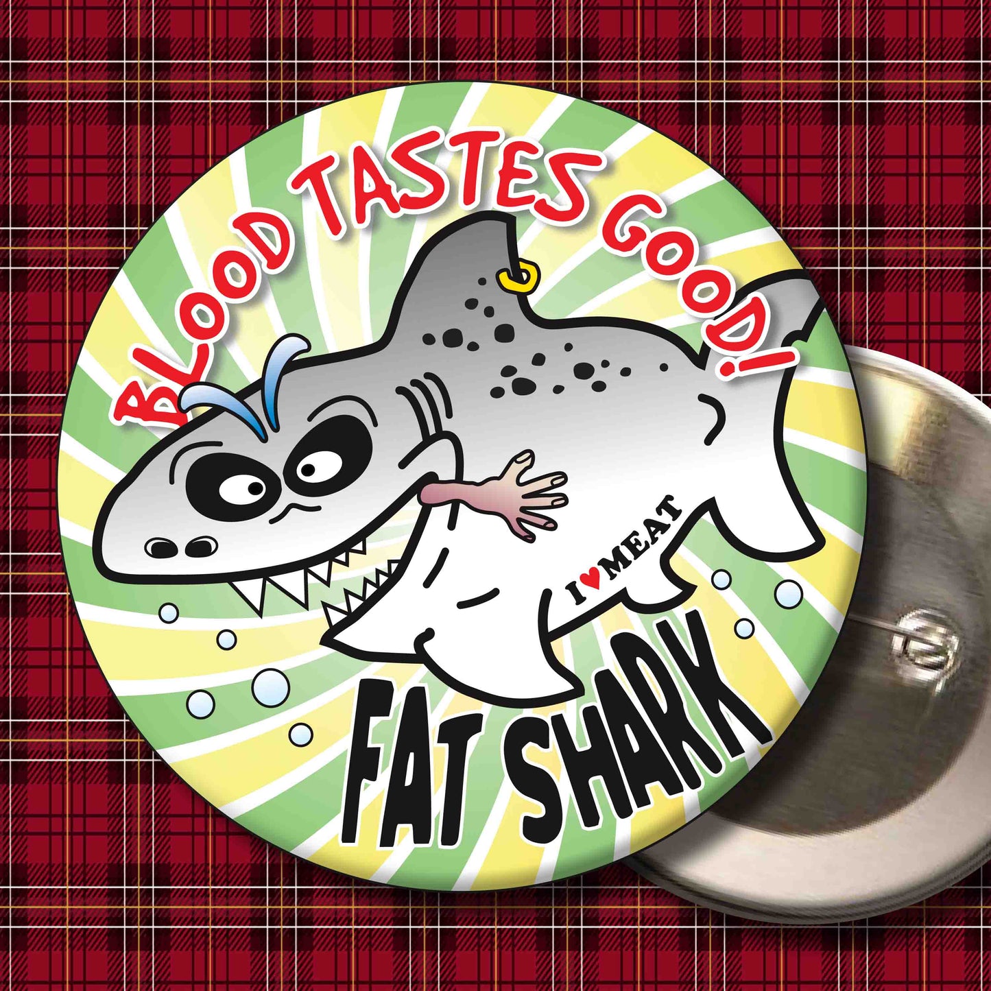 Blood Tastes Good! - Fat Shark Metal Pin Badge + Bottle Opener