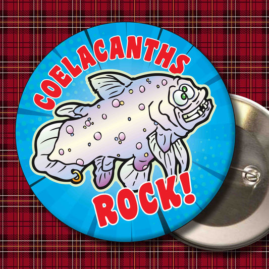 Coelacanths Rock! Metal Pin Badge + Bottle Opener