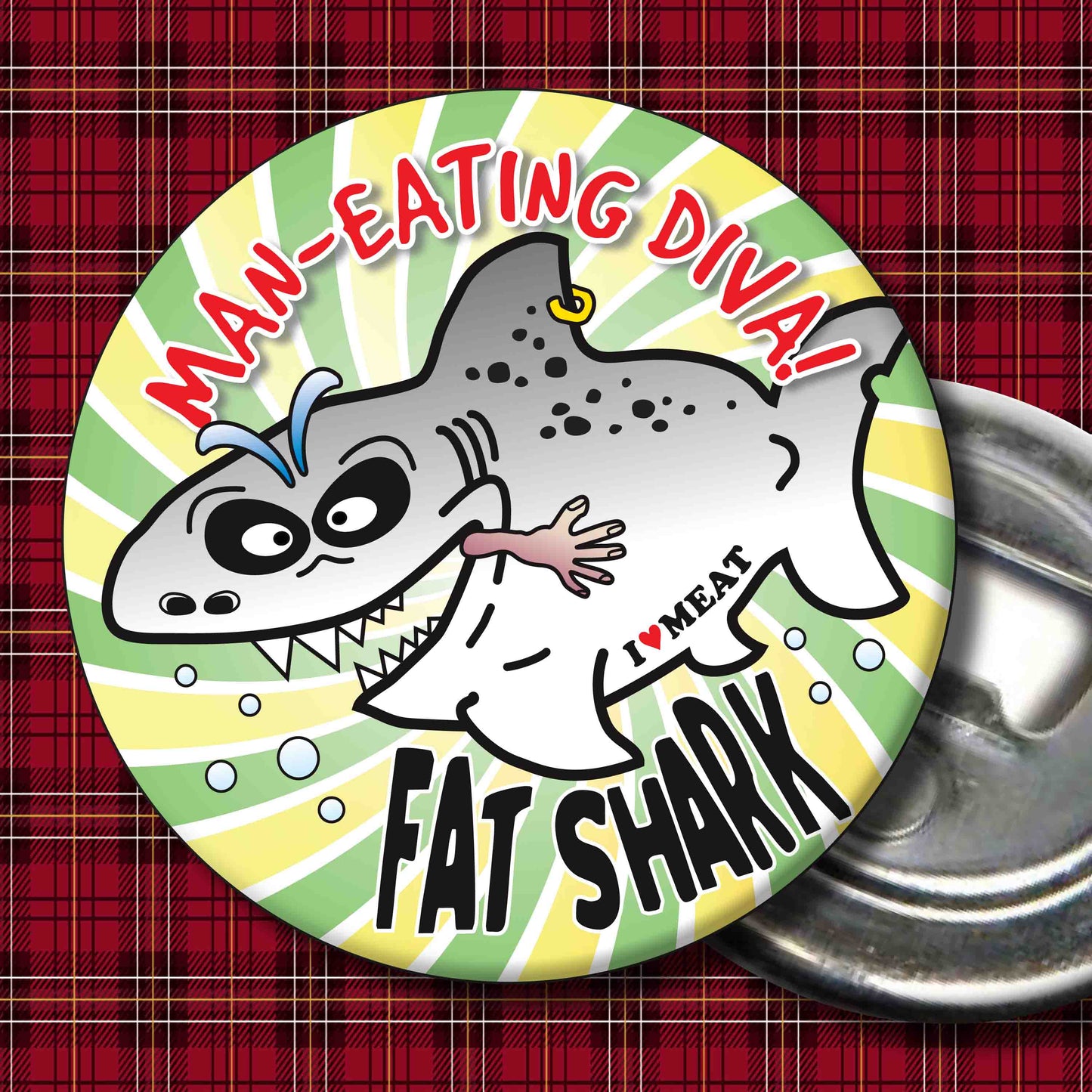 Man-Eating Diva! - Fat Shark Metal Pin Badge + Bottle Opener