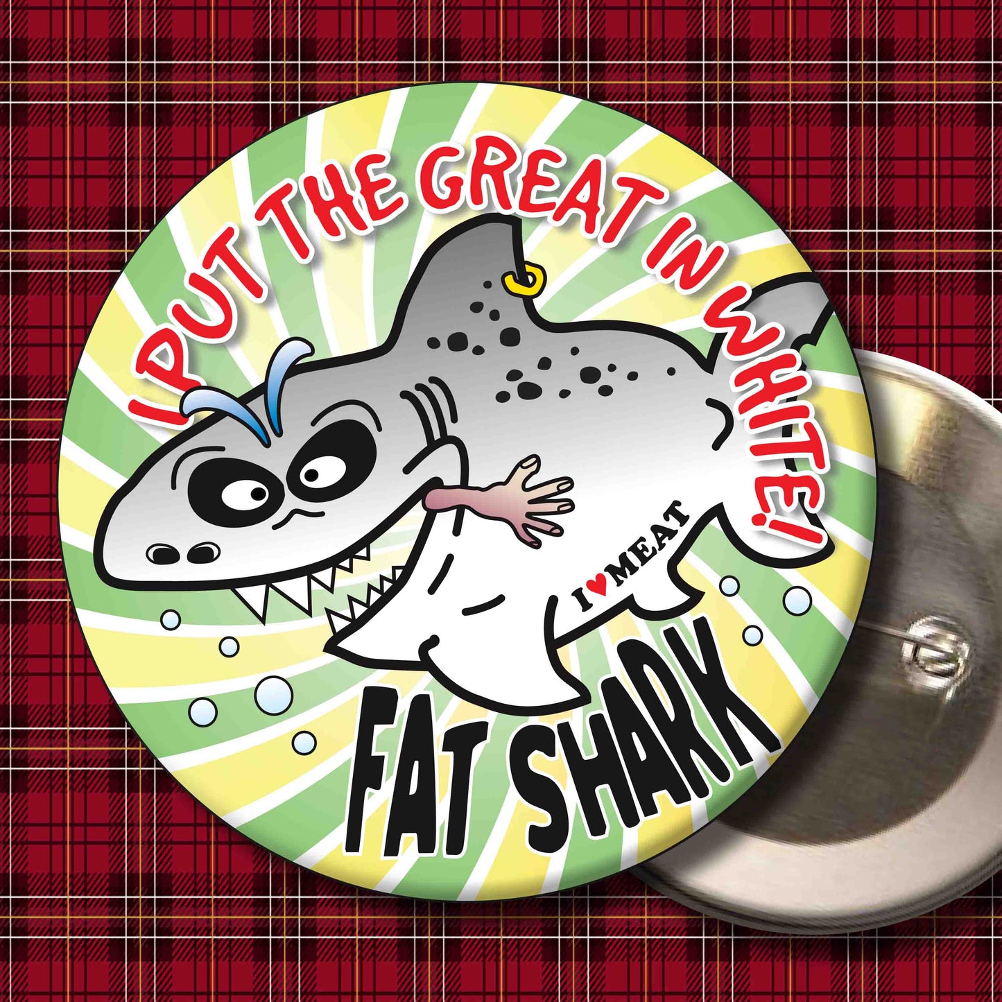 The Great In White! - Fat Shark Metal Pin Badge + Bottle Opener