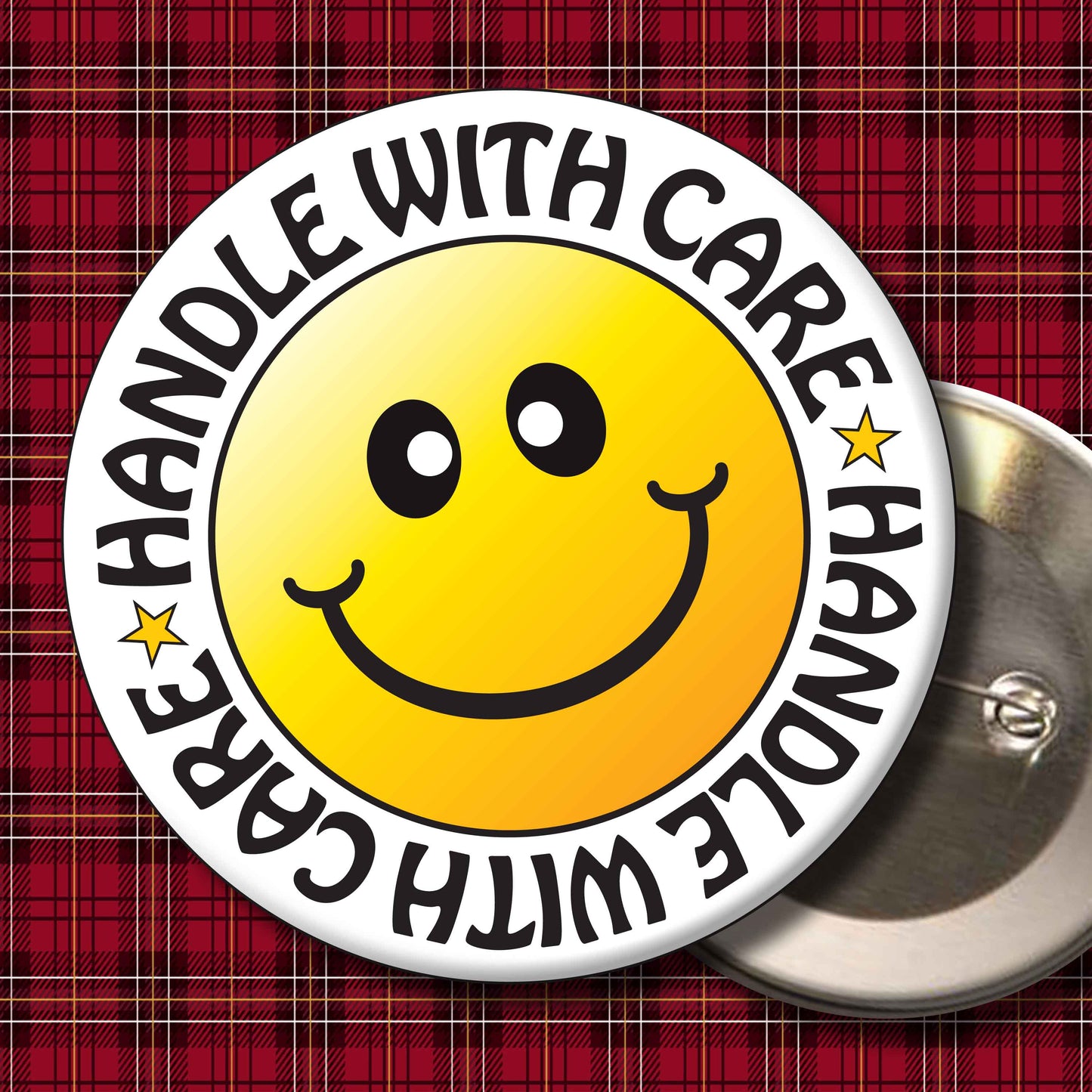 Handle With Care Smiley Badge + Bottle Opener