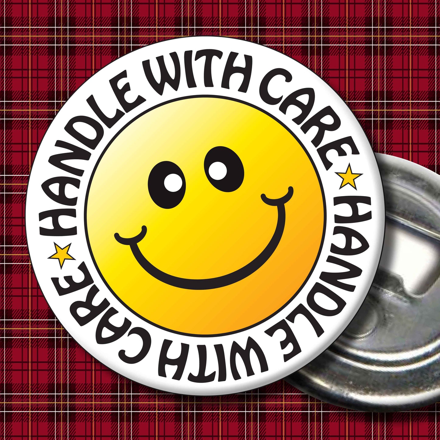 Handle With Care Smiley Badge + Bottle Opener