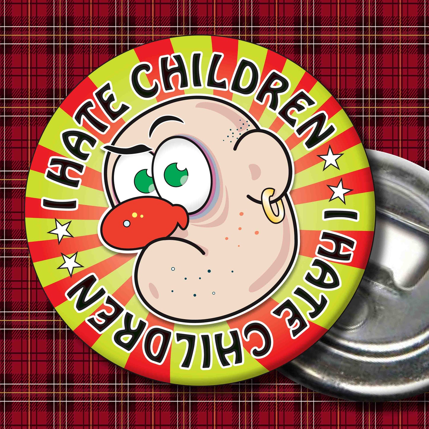 Mr. Grumpy - "I Hate Children" Metal Pin Badge + Bottle Opener