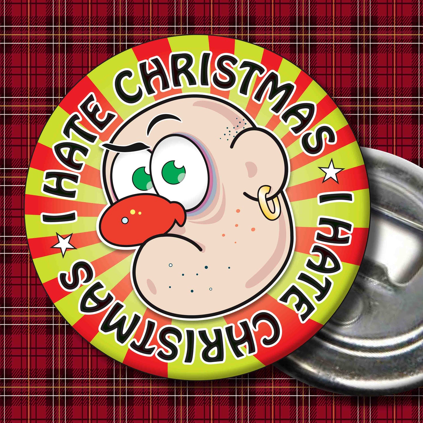 Mr. Grumpy - "I Hate Christmas" Metal Pin Badge + Bottle Opener