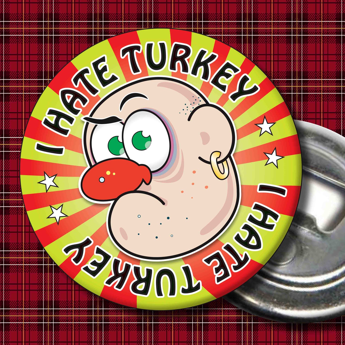 Mr. Grumpy - "I Hate Turkey" Metal Pin Badge + Bottle Opener