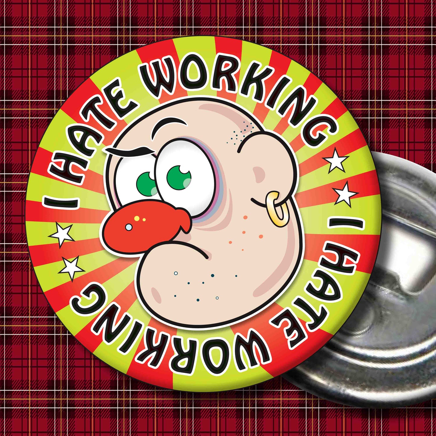 Mr. Grumpy - "I Hate Working" Metal Pin Badge + Bottle Opener
