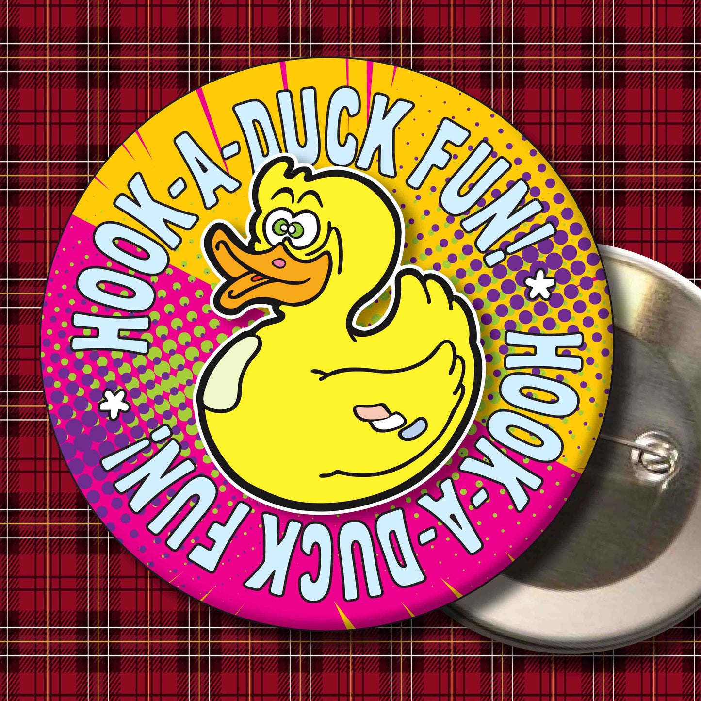 Hook-A-Duck Fun! Metal Pin Badge + Bottle Opener