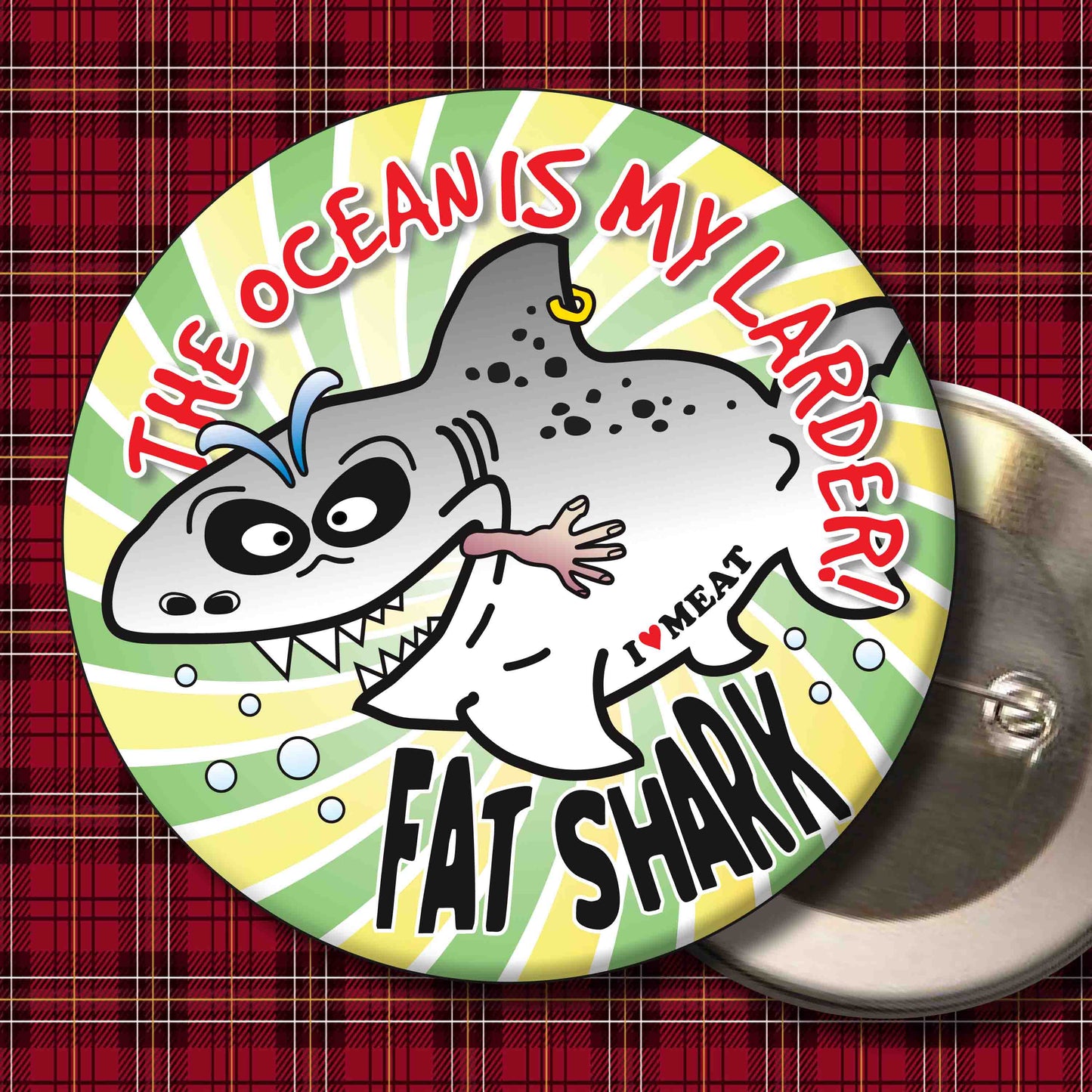 The Ocean Is My Larder! - Fat Shark Metal Pin Badge + Bottle Opener
