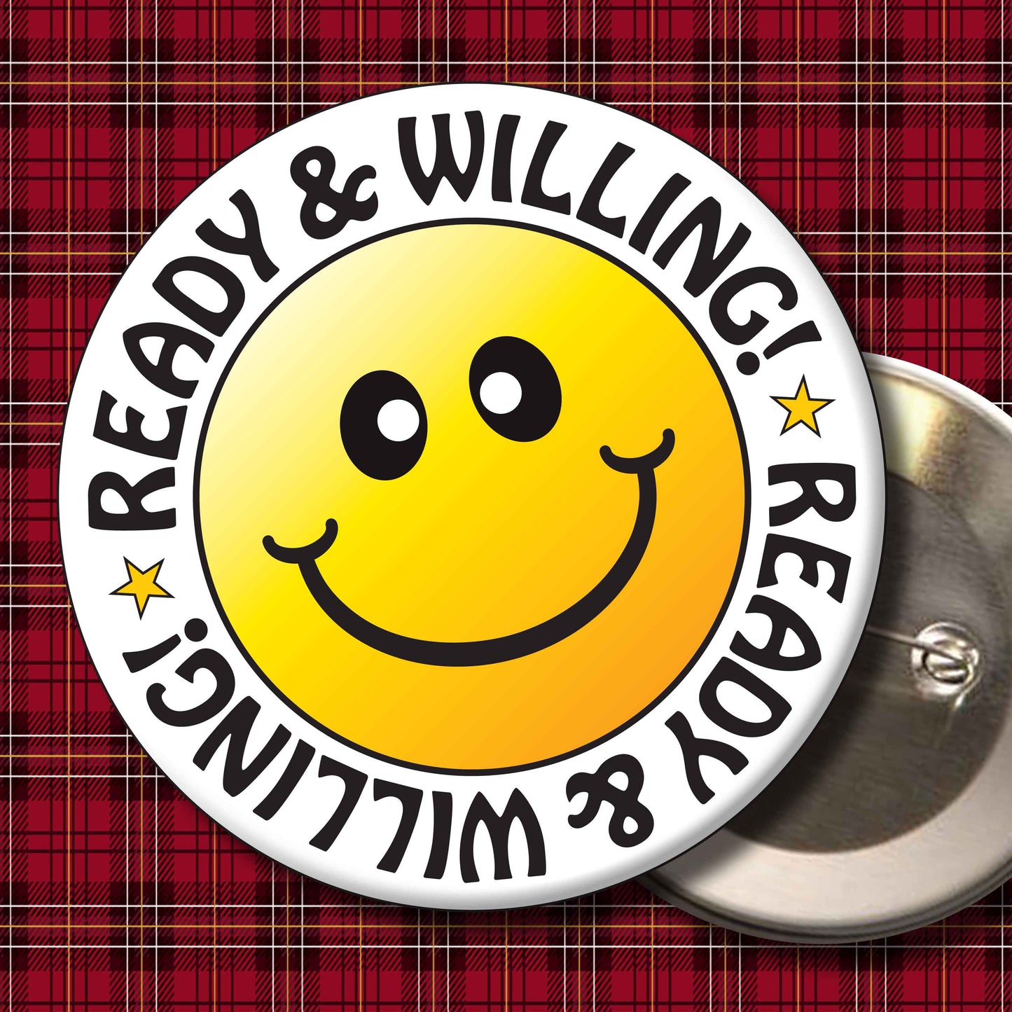 Ready & Willing! Smiley Badge + Bottle Opener
