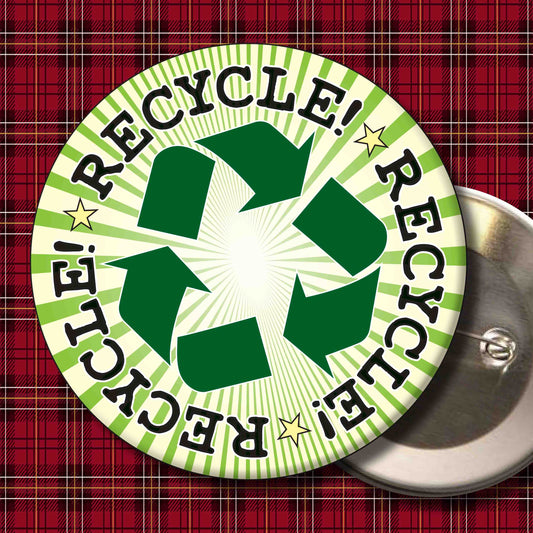 Recycle! Metal Pin Badge + Bottle Opener