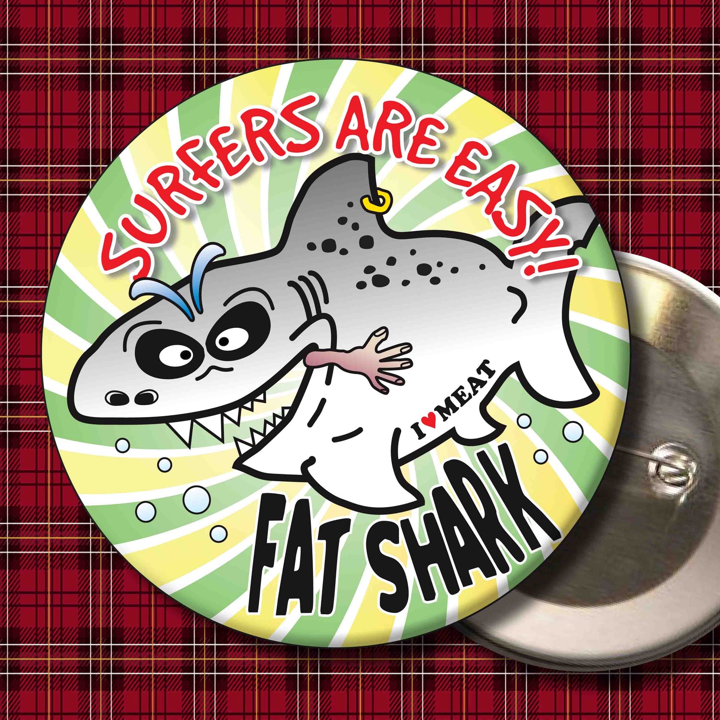 Surfers Are Easy! - Fat Shark Metal Pin Badge + Bottle Opener