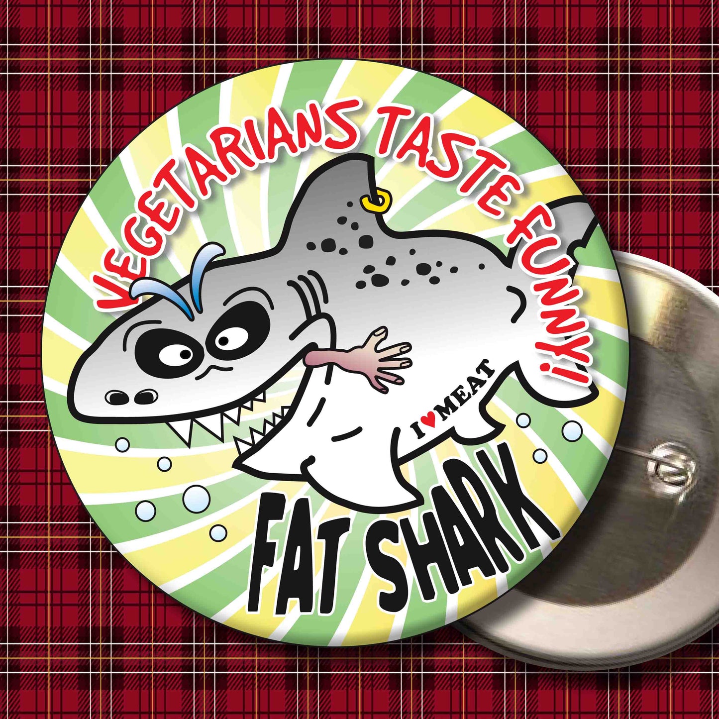 Vegetarians Taste Funny! - Fat Shark Metal Pin Badge + Bottle Opener