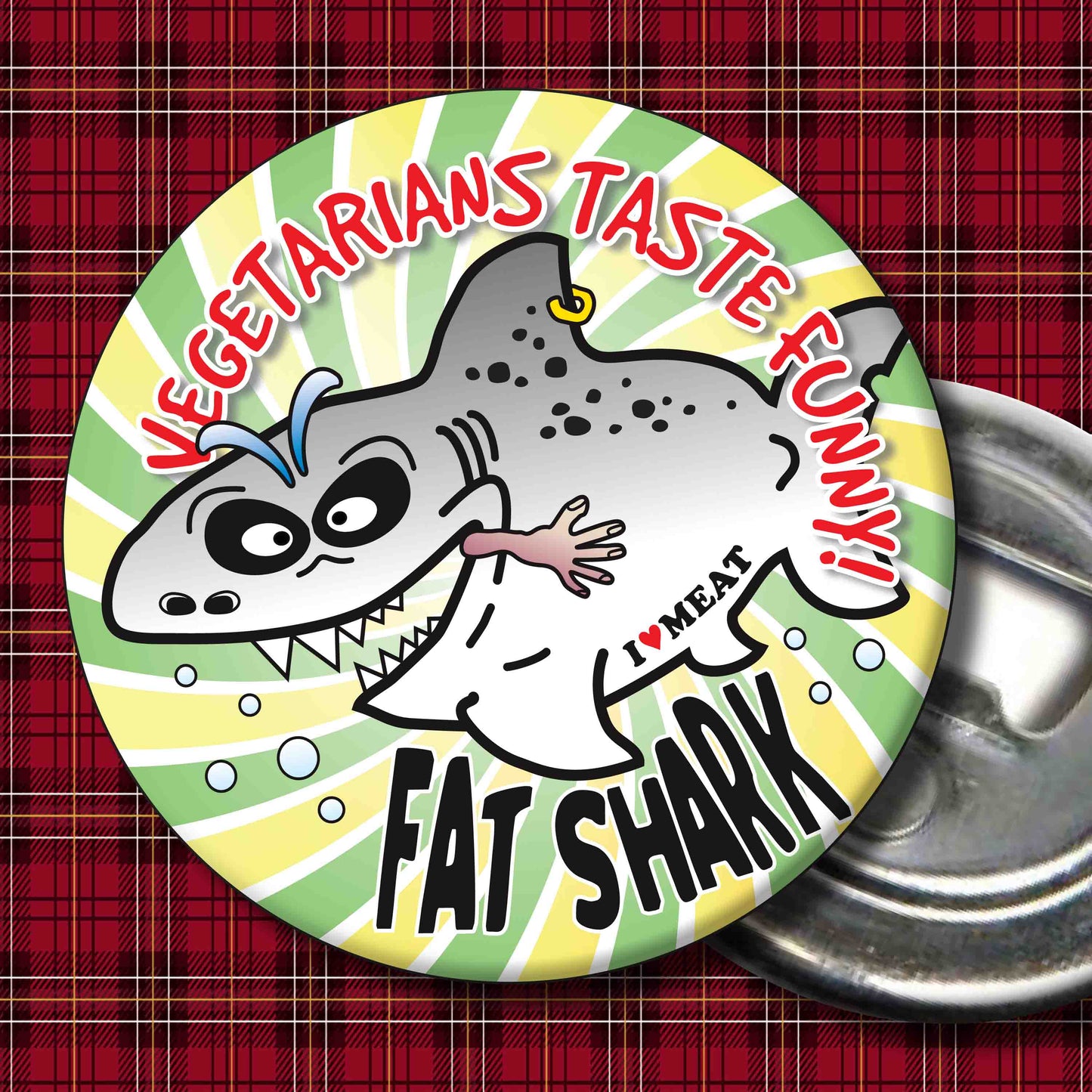 Vegetarians Taste Funny! - Fat Shark Metal Pin Badge + Bottle Opener
