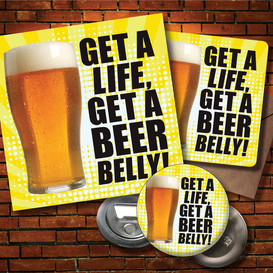Beer Belly Art Print + Badge + Bottle Opener + Birthday Card