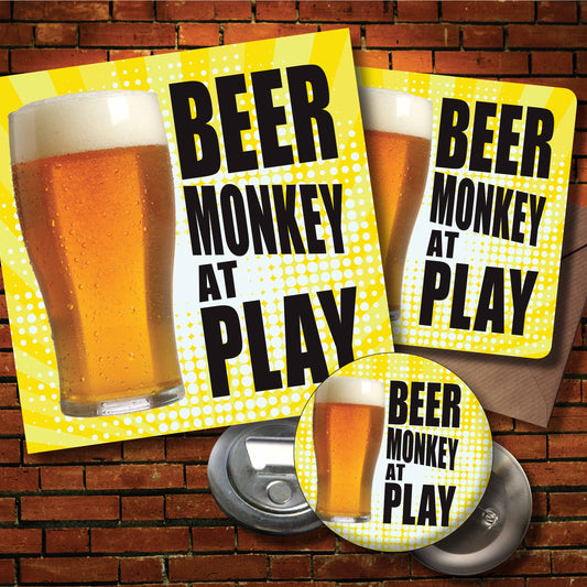 Beer Monkey At Play Art Print + Badge + Bottle Opener + Birthday Card