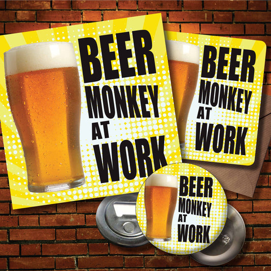 Beer Monkey Work Art Print + Badge + Bottle Opener + Birthday Card
