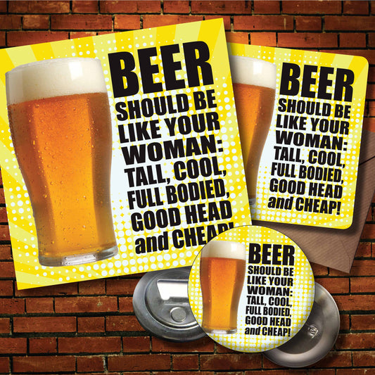 Beer And Women Art Print + Badge + Bottle Opener + Birthday Card