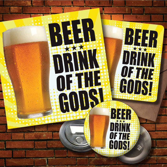 Beer Gods Art Print + Badge + Bottle Opener + Birthday Card