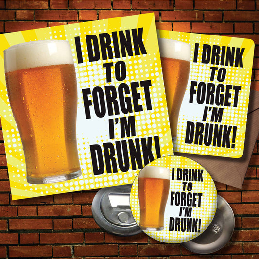 Drink To Forget Art Print + Badge + Bottle Opener + Birthday Card