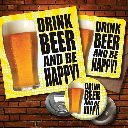 Happy Beer Art Print + Badge + Bottle Opener + Birthday Card