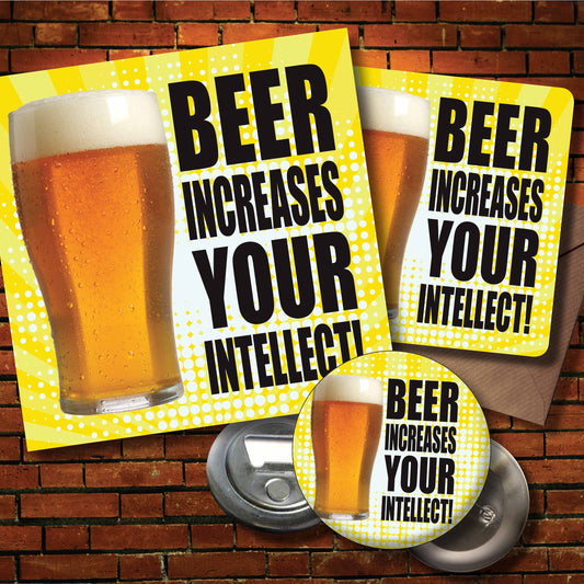 Beer Intellect Art Print + Badge + Bottle Opener + Birthday Card