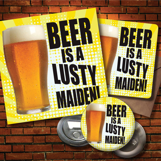 Beer Maiden Art Print + Badge + Bottle Opener + Birthday Card