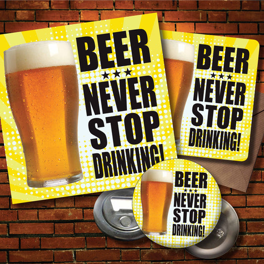 Beer Drinking Art Print + Badge + Bottle Opener + Birthday Card