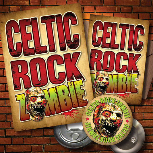 Celtic Rock Zombie - Art Print + Birthday Card + Metal Pin Badge