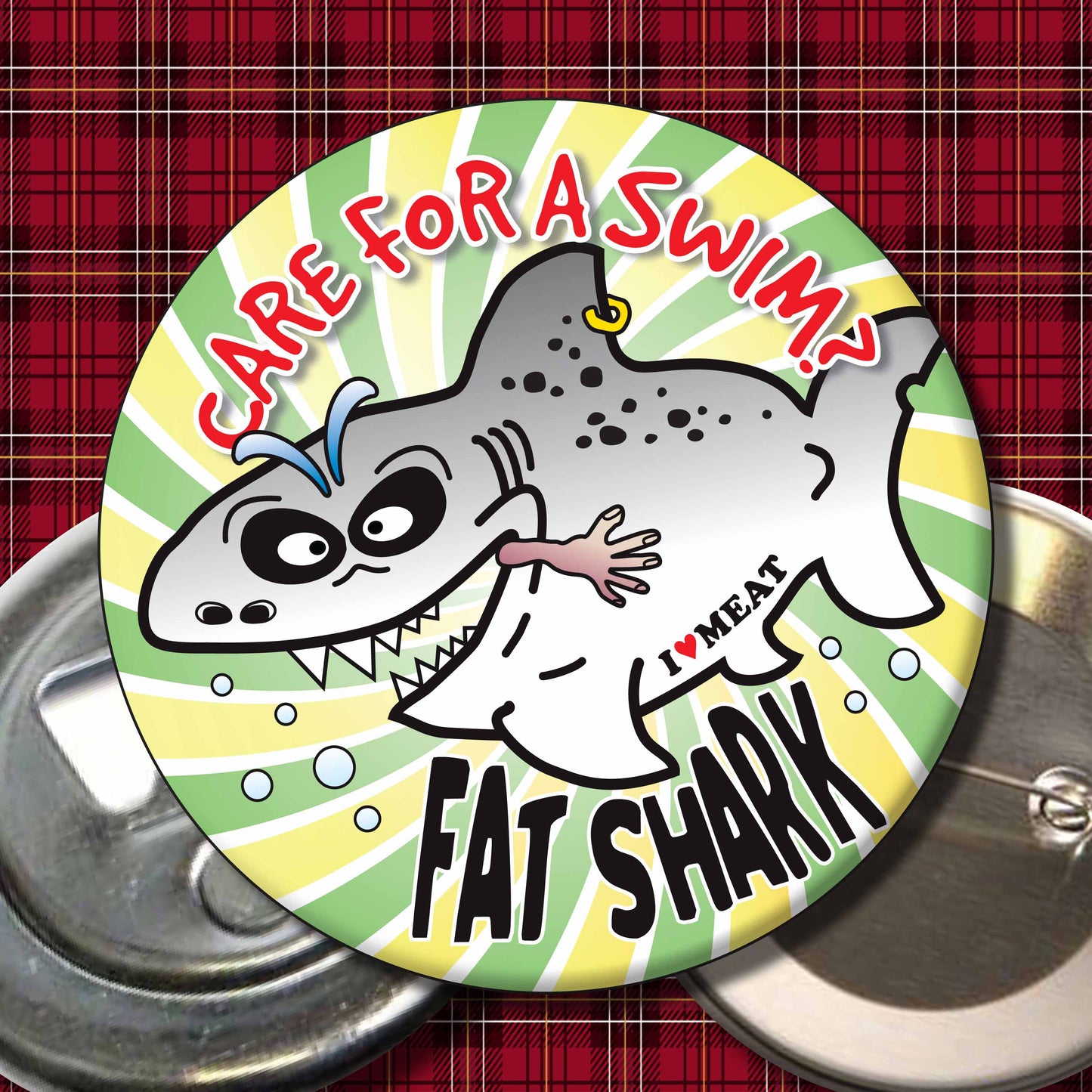 Care For A Swim? - Fat Shark Metal Pin Badge + Bottle Opener