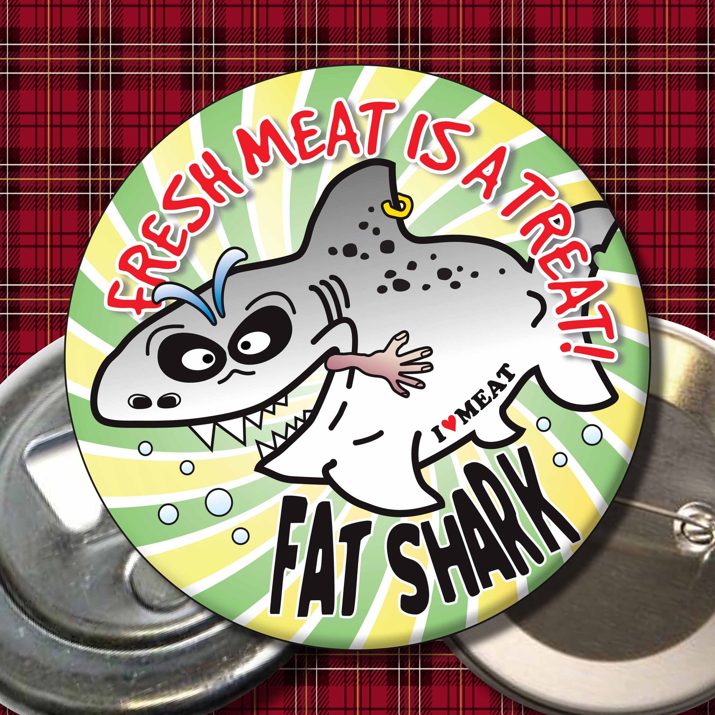 Fresh Meat Is A Treat! - Fat Shark Metal Pin Badge + Bottle Opener