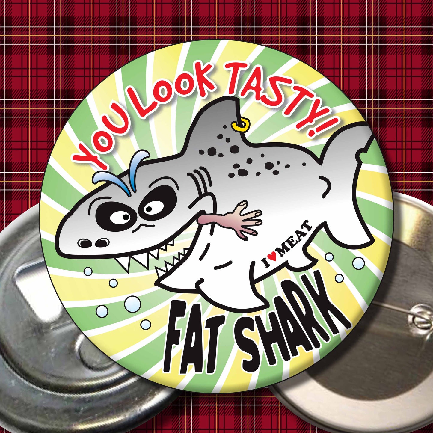 You Look Tasty! - Fat Shark Metal Pin Badge + Bottle Opener
