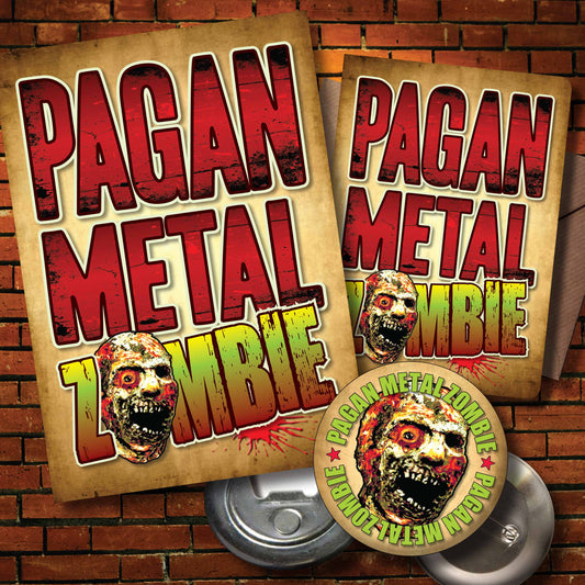 Pagan Metal Rock Zombie - Art Print + Birthday Card + Metal Pin Badge
