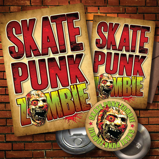 Skate Punk Rock Zombie - Art Print + Birthday Card + Metal Pin Badge