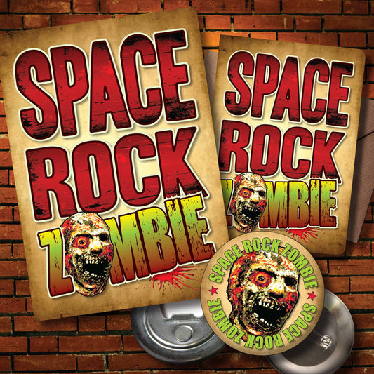 Space Rock Zombie - Art Print + Birthday Card + Metal Pin Badge