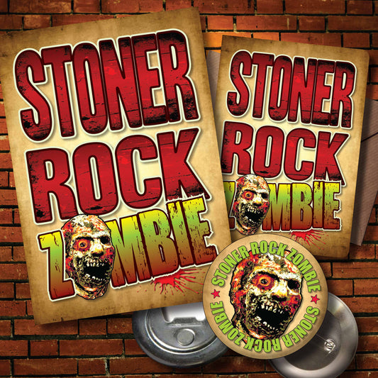 Stoner Rock Zombie - Art Print + Birthday Card + Metal Pin Badge