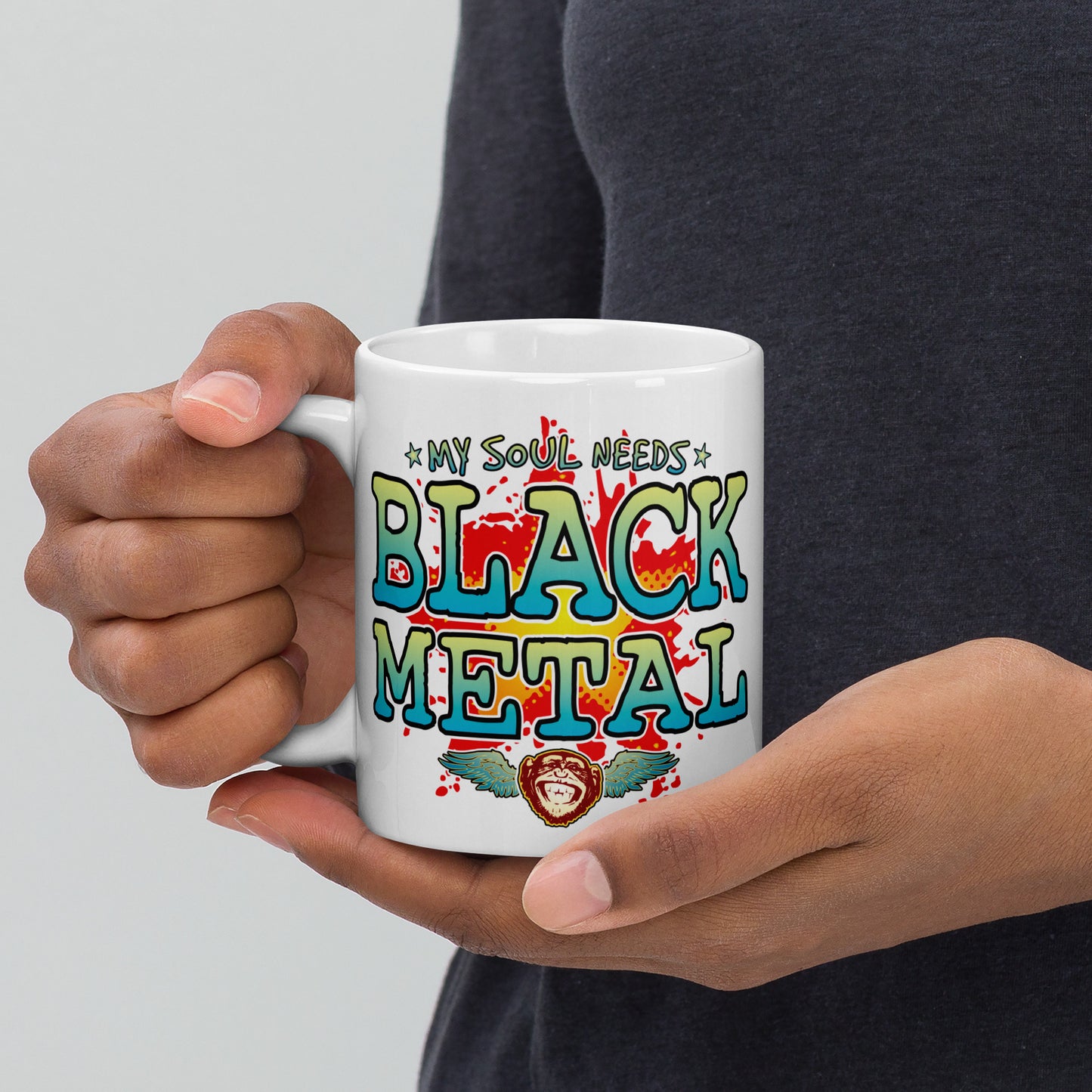 Black Metal 11oz White Ceramic Soul Mug