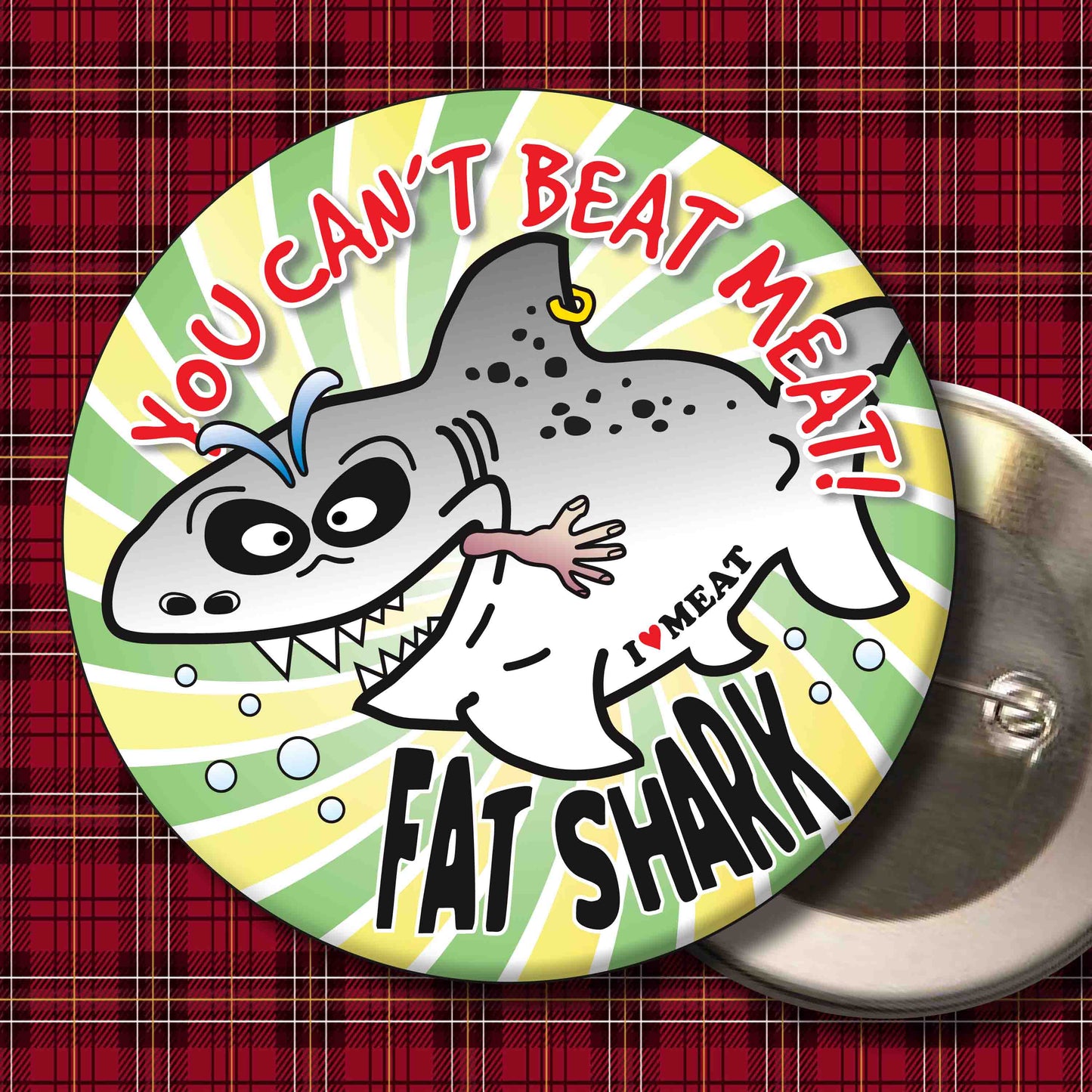 You Can't Beat Meat - Fat Shark Metal Pin Badge + Bottle Opener