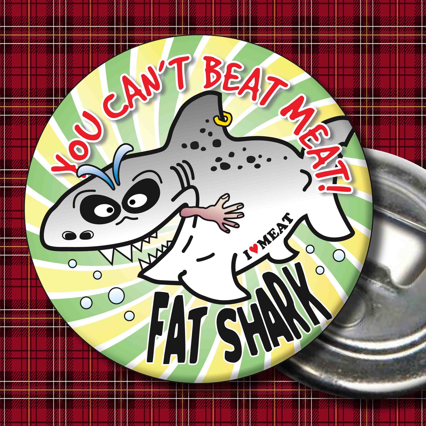 You Can't Beat Meat - Fat Shark Metal Pin Badge + Bottle Opener