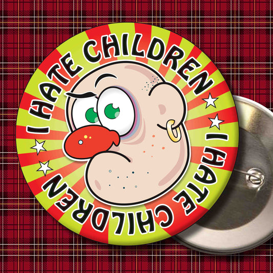 Mr. Grumpy - "I Hate Children" Metal Pin Badge + Bottle Opener