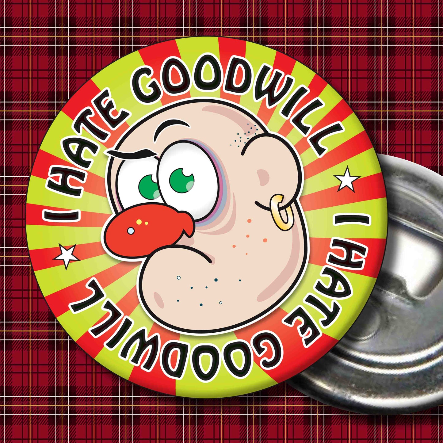 Mr. Grumpy - "I Hate Goodwill" Metal Pin Badge + Bottle Opener