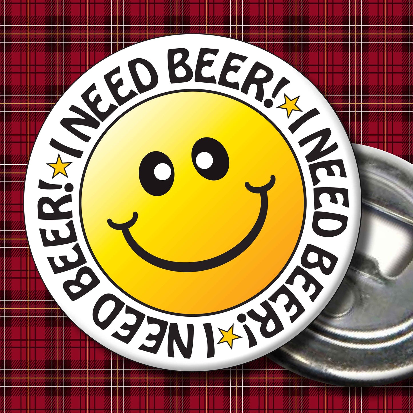 I Need Beer! Smiley Badge + Bottle Opener