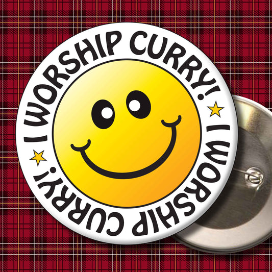 I Worship Curry! Smiley Badge + Bottle Opener