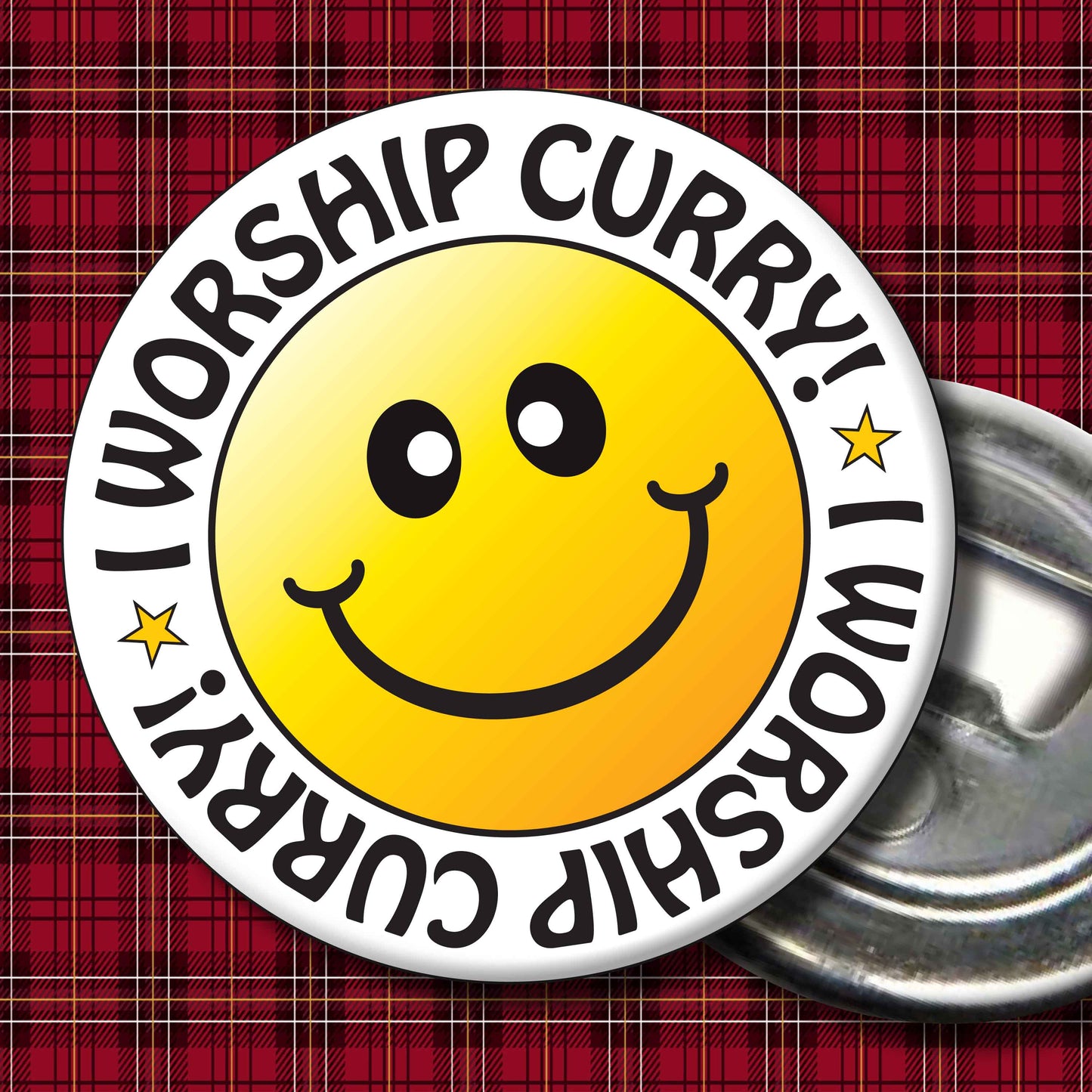I Worship Curry! Smiley Badge + Bottle Opener